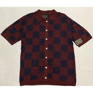 NWT Massive‎ Luxury Edition Crochet Knitted Shirt Maroon Size Large Cotton Check